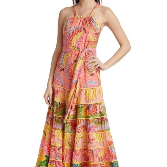 FARM Rio Dresses & Skirts - Farm Rio Mixed Pink Prints Maxi Dress Tropical Banana Tiered Halter Multi S